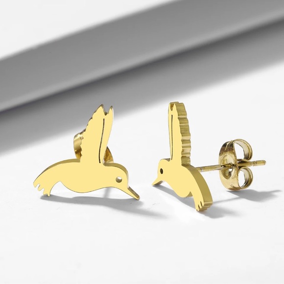 GOLD Hummingbird Mini Stainless Steel Stud Earrings With Gift Bag - Picture 2 of 6